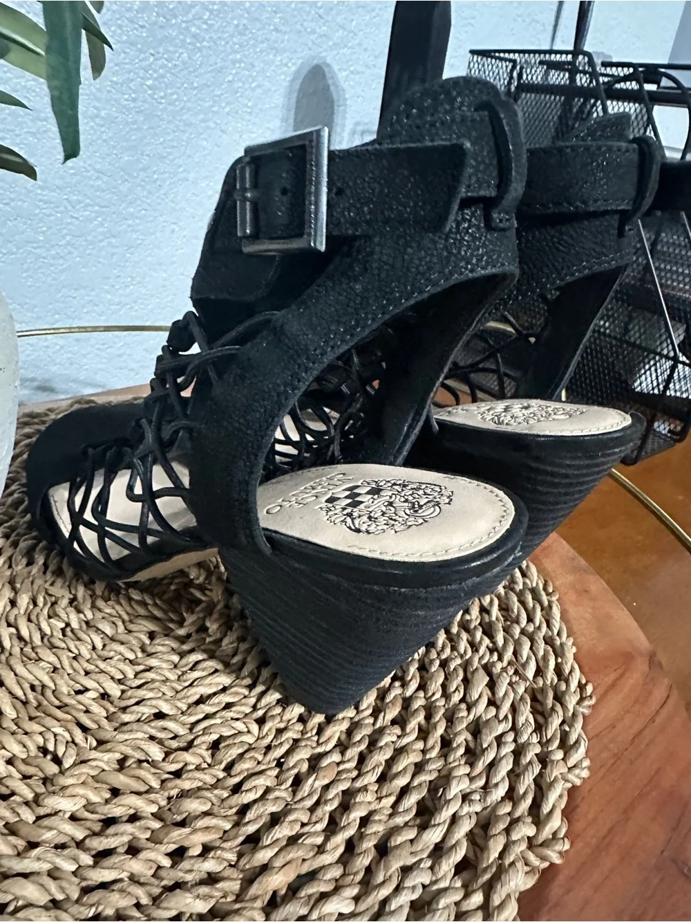 Vince Camuto Black Strappy Cage High-Heel Sandals With Ankle Strap